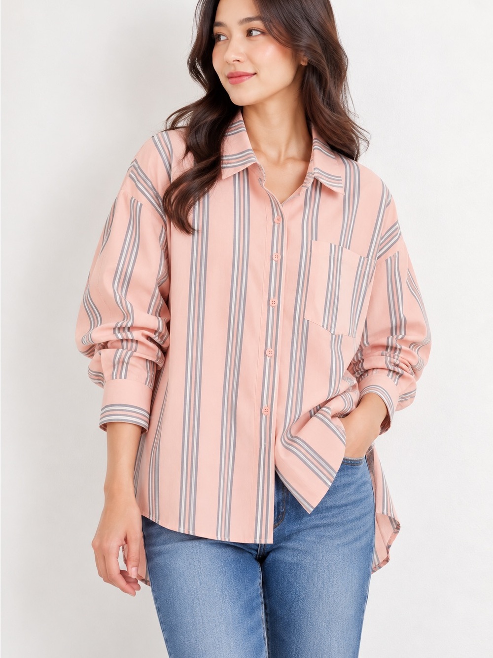 Easel Pink & Gray Striped Oversized Button Down Shirt NWT
